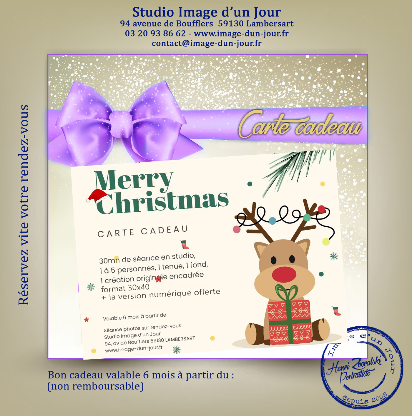 Carte cadeau séance photos Noël, séance famille Noël, shooting famille Noël